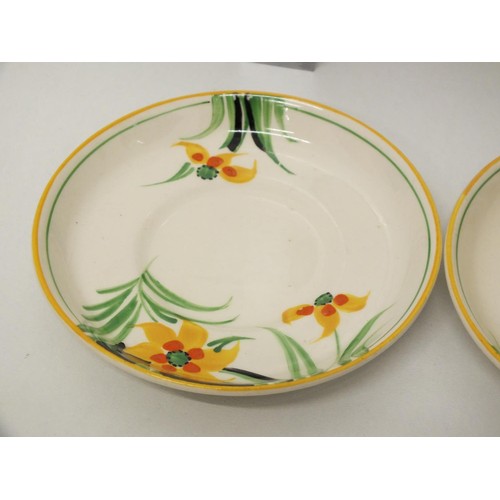 379 - SET OF THREE ART DECO HAND PAINTED COFFEE CUPS AND SAUCERS DAFFODIL PATTERN- J&G MEAKIN