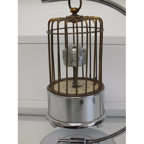 244 - A VINTAGE BIRD CAGE AUTOMATION CLOCK BY KAISER ON POLISHED CHROME SUPPORT AND BASE- 21cm HIGH (MISSI... 