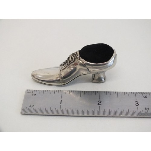 245 - A.E. WILLIAMS PEWTER VICTORIAN SHOE PIN CUSHION BOXED WITH PAPERWORK