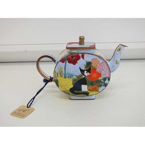 247 - CHARLOTTE DIVITA COLLECTIONS HAND PAINTED ENAMEL MINIATURE TEAPOT WITH CAT AND FLOWERS LTD EDITION N... 