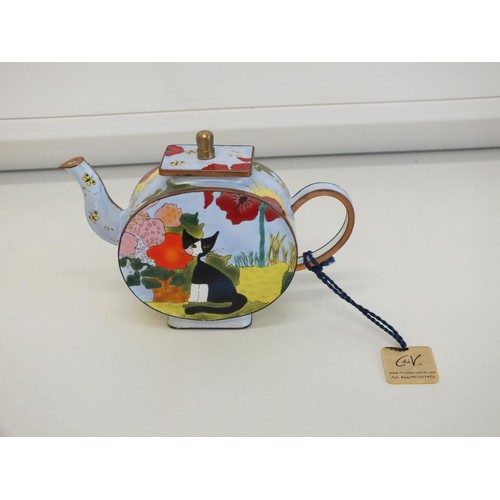 247 - CHARLOTTE DIVITA COLLECTIONS HAND PAINTED ENAMEL MINIATURE TEAPOT WITH CAT AND FLOWERS LTD EDITION N... 