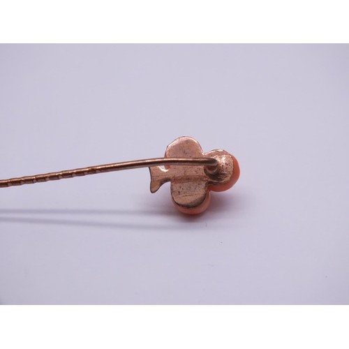 253 - VICTORIAN ROSE GOLD AND CORAL STICK PIN - 6cm