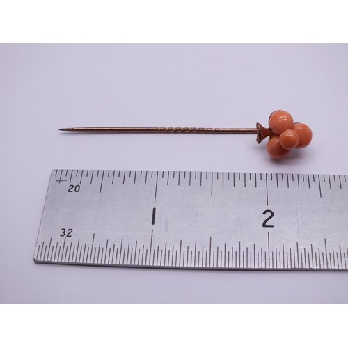 253 - VICTORIAN ROSE GOLD AND CORAL STICK PIN - 6cm