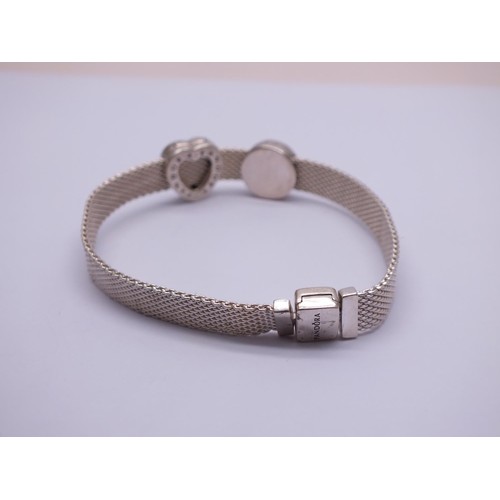 255 - GENUINE PANDORA REFLECTIONS SILVER MESH 16cm BRACELET  AND TWO CLIP CHARMS- HEART AND FAMILY TREE