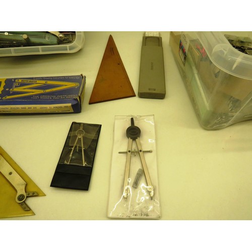 295 - JOB LOT OFF VINTAGE WRITING DESK ACCESSORIES, COMPASSES, RULERS ETC