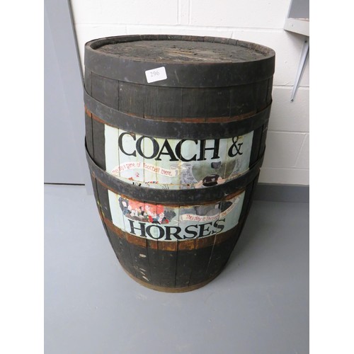 296 - LARGE WOODEN BARRELL ADVERTISING COACH AND HORSES APPROXIMATE HEIGHT 35