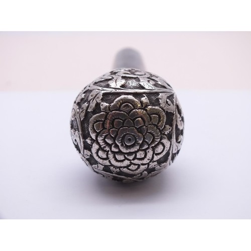 397 - ANTIQUE SILVER FLORAL PATTERN WALKING CONE POMMEL WITH PART BROKEN CANE