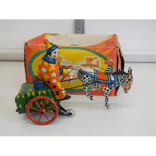 265 - ORIGINAL VINTAGE TINPLATE CLOWN AND CART WIND UP TOY USSR WITH ORIGINAL BOX