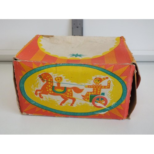 265 - ORIGINAL VINTAGE TINPLATE CLOWN AND CART WIND UP TOY USSR WITH ORIGINAL BOX