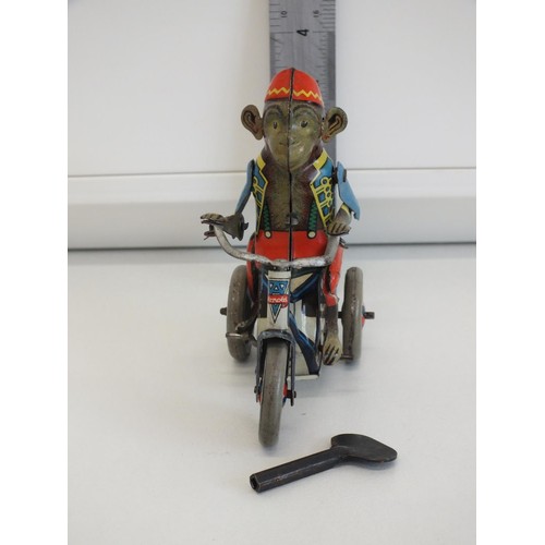 273 - RARE VINTAGE ARNOLD TIN LITHO WIND UP TOY MONKEY IN FEZ RIDING IN TRICYCLE BIKE COMPLETE WITH KEY IN... 