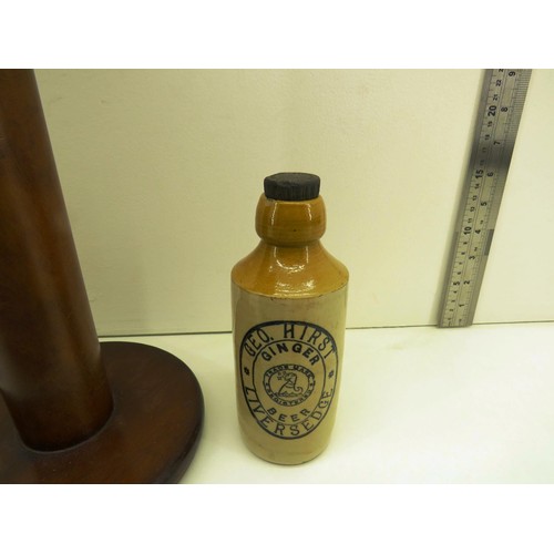 31 - BED WARMER, GINGER BEER BOTTLE, GLASS BOTTLES, WADE BARREL & LARGE WOODEN SPOOL