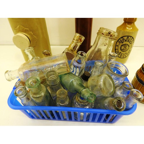 31 - BED WARMER, GINGER BEER BOTTLE, GLASS BOTTLES, WADE BARREL & LARGE WOODEN SPOOL