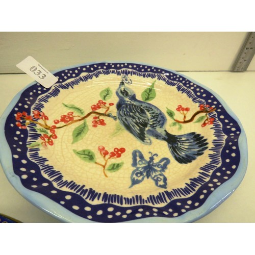 33 - TWO DECORATIVE PLATES, 11 WEDGEWOOD PLATES and A BLUE GOLD ASH TRAY