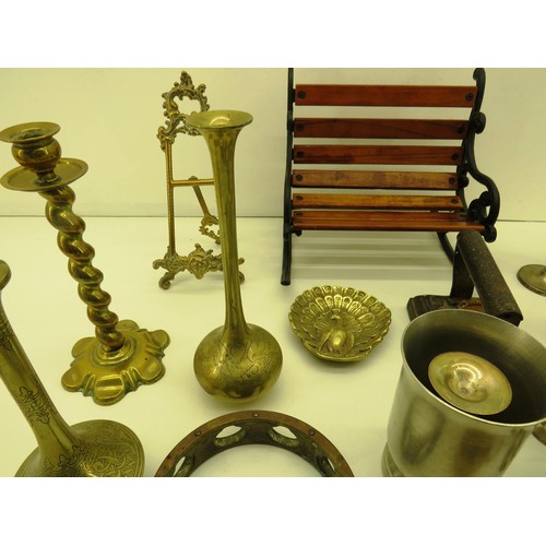 35 - MINIATURE BENCH, IRON, BOX OF METALWARE ITEMS, PEACOCK AND PICTURE STAND