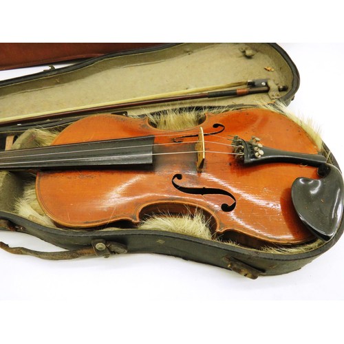 73 - ANTIQUE CONSERVATORIUM VIOLIN WITH HORSE HAIR BOW & CASE - as found