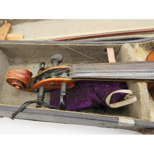 73 - ANTIQUE CONSERVATORIUM VIOLIN WITH HORSE HAIR BOW & CASE - as found