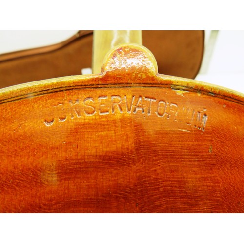 73 - ANTIQUE CONSERVATORIUM VIOLIN WITH HORSE HAIR BOW & CASE - as found