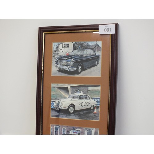 1 - FRAMED POSTCARDS OF OLD POLICE CARS