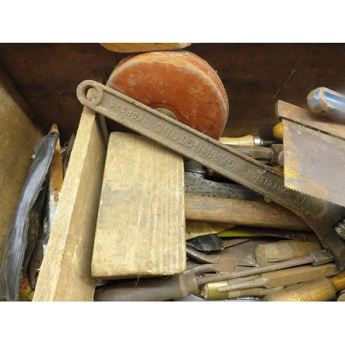 107 - WOODEN TOOLBOX FULL OF VINTAGE TOOLS, VINTAGE PLANES SAWS, RECORD ETC