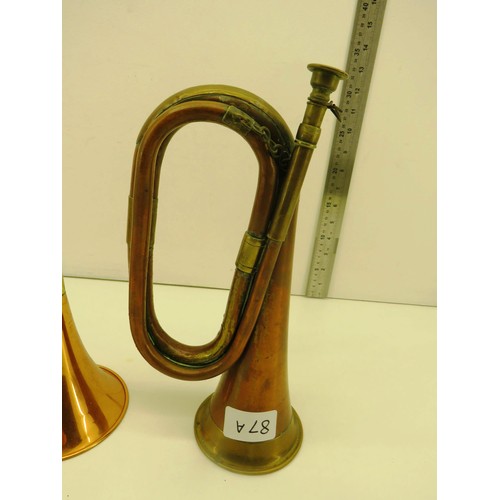 87A - ANTIQUE COPPER AND BRASS HUNTING HORN AND A MILITARY BUGLE