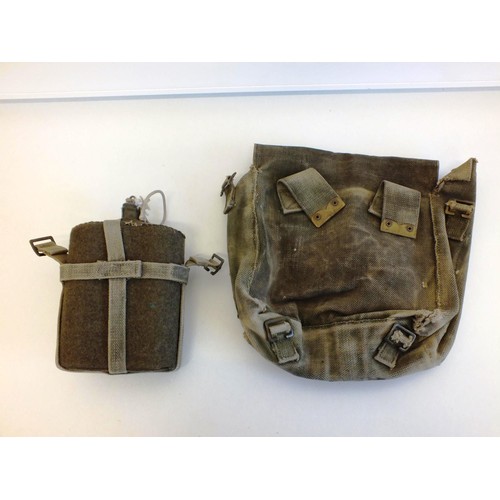 87D - MILITARY WATER BOTTLE AND CARRIER AND GREEN CANVAS BACKPACK BAG