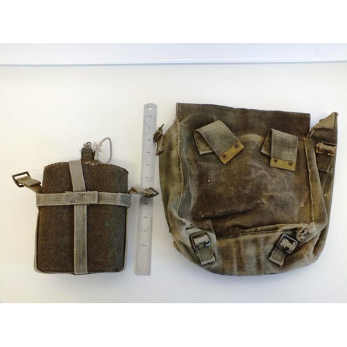 87D - MILITARY WATER BOTTLE AND CARRIER AND GREEN CANVAS BACKPACK BAG