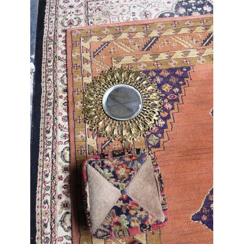 4 - SQUARE CARPET FOOT STOOL, TONGS AND ROUND VINTAGE BRASS MIRROR SUNBURST STYLE