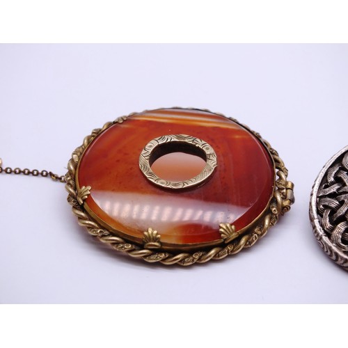 147 - VICTORIAN SCOTTISH GOLD TONE AND CARNELIAN BROOCH WITH SAFETY CHAIN AND SIGNED MIRACLE PEWTER CONNEM... 