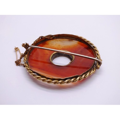 147 - VICTORIAN SCOTTISH GOLD TONE AND CARNELIAN BROOCH WITH SAFETY CHAIN AND SIGNED MIRACLE PEWTER CONNEM... 