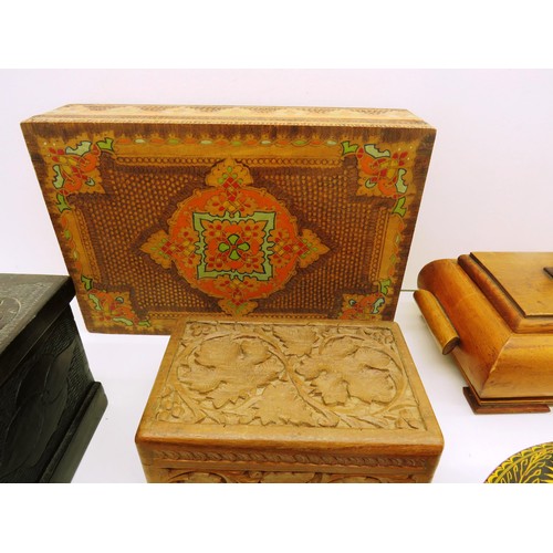 98 - A SELECTION OF FIFTEEN JEWELLERY BOXES, CARVED, INLAID, METAL, GLASS