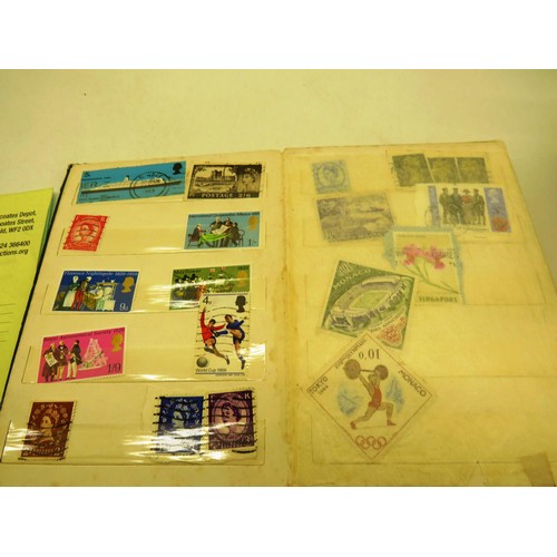 105 - 4 x STAMP ALBUMS FULL OF STOCK AND BOX OF STAMPS AND CARDS