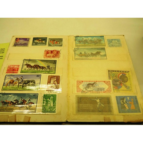 105 - 4 x STAMP ALBUMS FULL OF STOCK AND BOX OF STAMPS AND CARDS