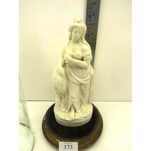 173 - WHITE PORCELAIN LADY STATUE IN GLASS DISPLAY STAND DOME APPROX HEIGHT 16.5