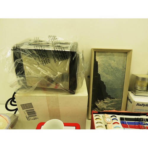 351 - BOX OF MISCELLANEOUS INCLUDES BABYLISS TONGS, WATCH STRAP SET, NEW TOASTER ETC