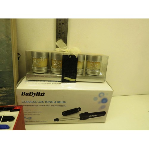 351 - BOX OF MISCELLANEOUS INCLUDES BABYLISS TONGS, WATCH STRAP SET, NEW TOASTER ETC