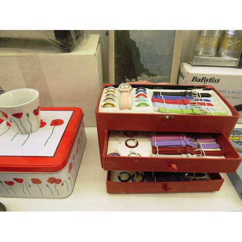 351 - BOX OF MISCELLANEOUS INCLUDES BABYLISS TONGS, WATCH STRAP SET, NEW TOASTER ETC