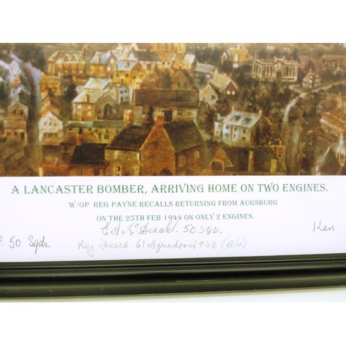 380 - A3 PRINT OF A LANCASTER BOMBER RETILRWING HOME SIGNED BY FOUR WORLD WAR II VERTERANS, BY REG PAYNE