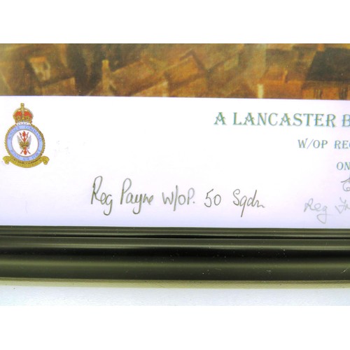 380 - A3 PRINT OF A LANCASTER BOMBER RETILRWING HOME SIGNED BY FOUR WORLD WAR II VERTERANS, BY REG PAYNE