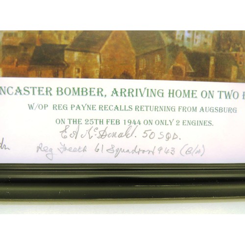 380 - A3 PRINT OF A LANCASTER BOMBER RETILRWING HOME SIGNED BY FOUR WORLD WAR II VERTERANS, BY REG PAYNE