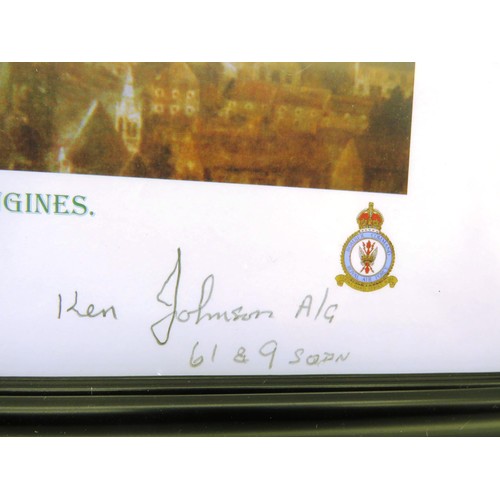 380 - A3 PRINT OF A LANCASTER BOMBER RETILRWING HOME SIGNED BY FOUR WORLD WAR II VERTERANS, BY REG PAYNE