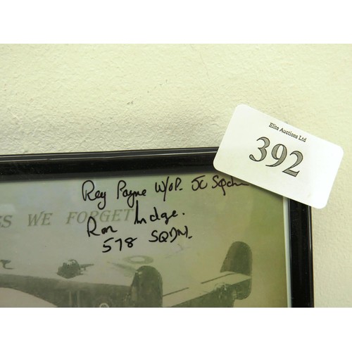 392 - A4 FRAMED PHOTO- LESS WE FORGET HALIFAX- SIGNED BY 6 WWII VETERANS