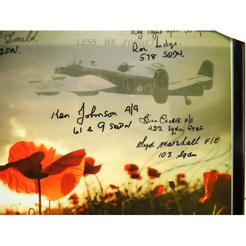 392 - A4 FRAMED PHOTO- LESS WE FORGET HALIFAX- SIGNED BY 6 WWII VETERANS