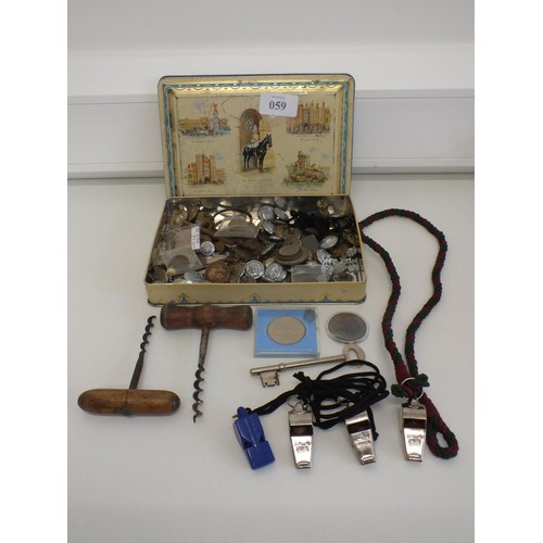 59 - OLD TIN FULL OF MISCELLANEOUS ITEMS, CORKSCREWS, WHISTLES, COINS