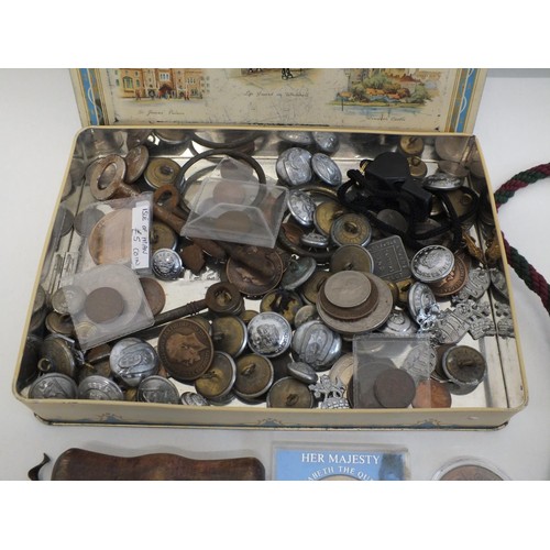 59 - OLD TIN FULL OF MISCELLANEOUS ITEMS, CORKSCREWS, WHISTLES, COINS