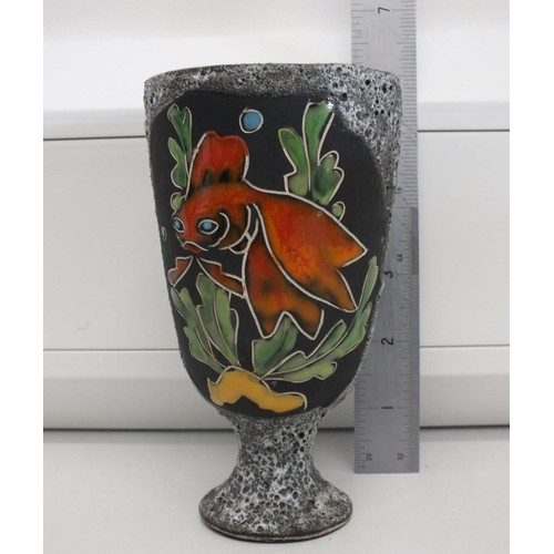 254 - VINTAGE SIGNED 1960'S PUGI FOAM GLAZE HAND PAINTED VIBRANT GOLDFISH GOBLET APPROXIMATE HEIGHT 5.5