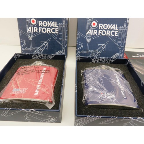 65 - TWO BOXED ROYAL AIR FORCE HIP FLASKS AND TWO SWISS ARMY PENKNIFES ETC