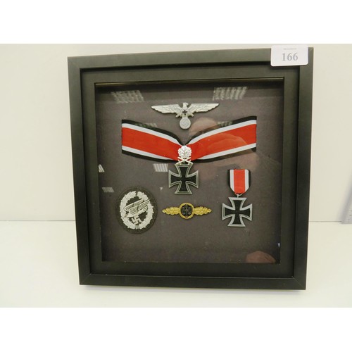 166 - FRAMED LUFTWAFFE WWII 1957 KNIGHTS CROSS AND BADGES WITH IRON CROSS