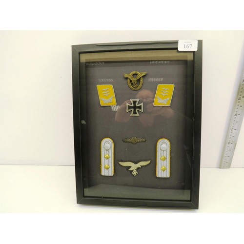 167 - FRAMED WWII LUFTWAFFE BADGES AND IRON CROSS 1ST CLASS