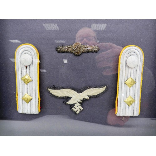 167 - FRAMED WWII LUFTWAFFE BADGES AND IRON CROSS 1ST CLASS