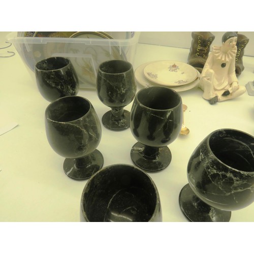 232 - SIX BALCK ONYX GOBLETS, RUM NOVELTY FIGURE AND POTS WEDGEWOOD EGGS, POTTERY BOOTS BY TONY, JUBILEE I... 